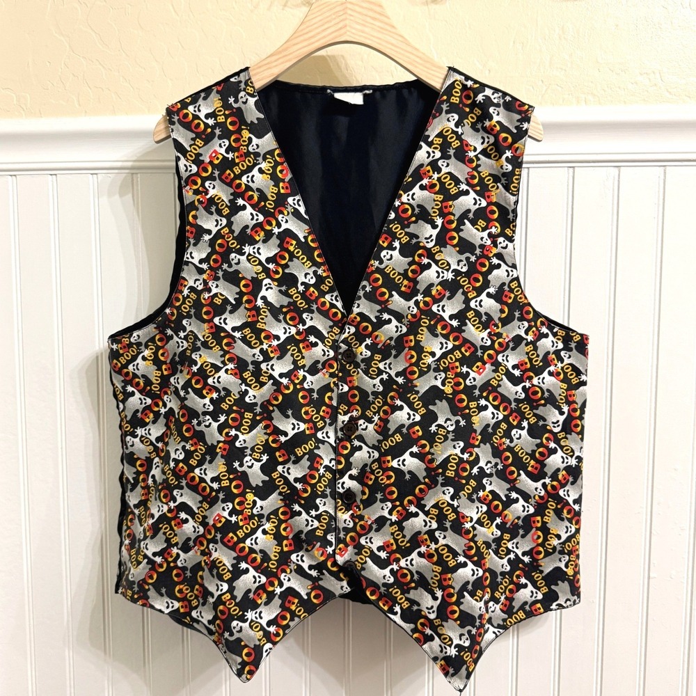 Vintage 90s Halloween Boo Print Ghost Vest, Black White, XL